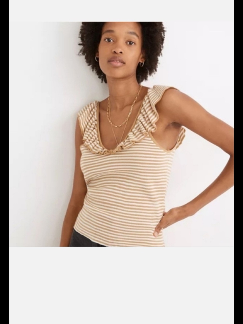 Madewell Ruffle V-Neck Striped Tank Top - Beige & White-lg